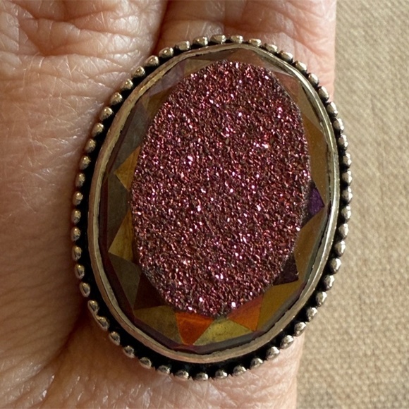 Vintage Colleen Lopez 925 Sterling Pink Druzy Ring Size 9 Adjustable - Picture 8 of 9